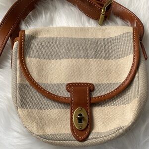 Fossil Beige & Gray Striped Canvas Crossbody with Brown Leather Trim